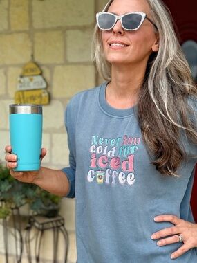 NEW Never Too Cold for Iced Coffee Embroidered Blue Long Sleeve Sweatshirt